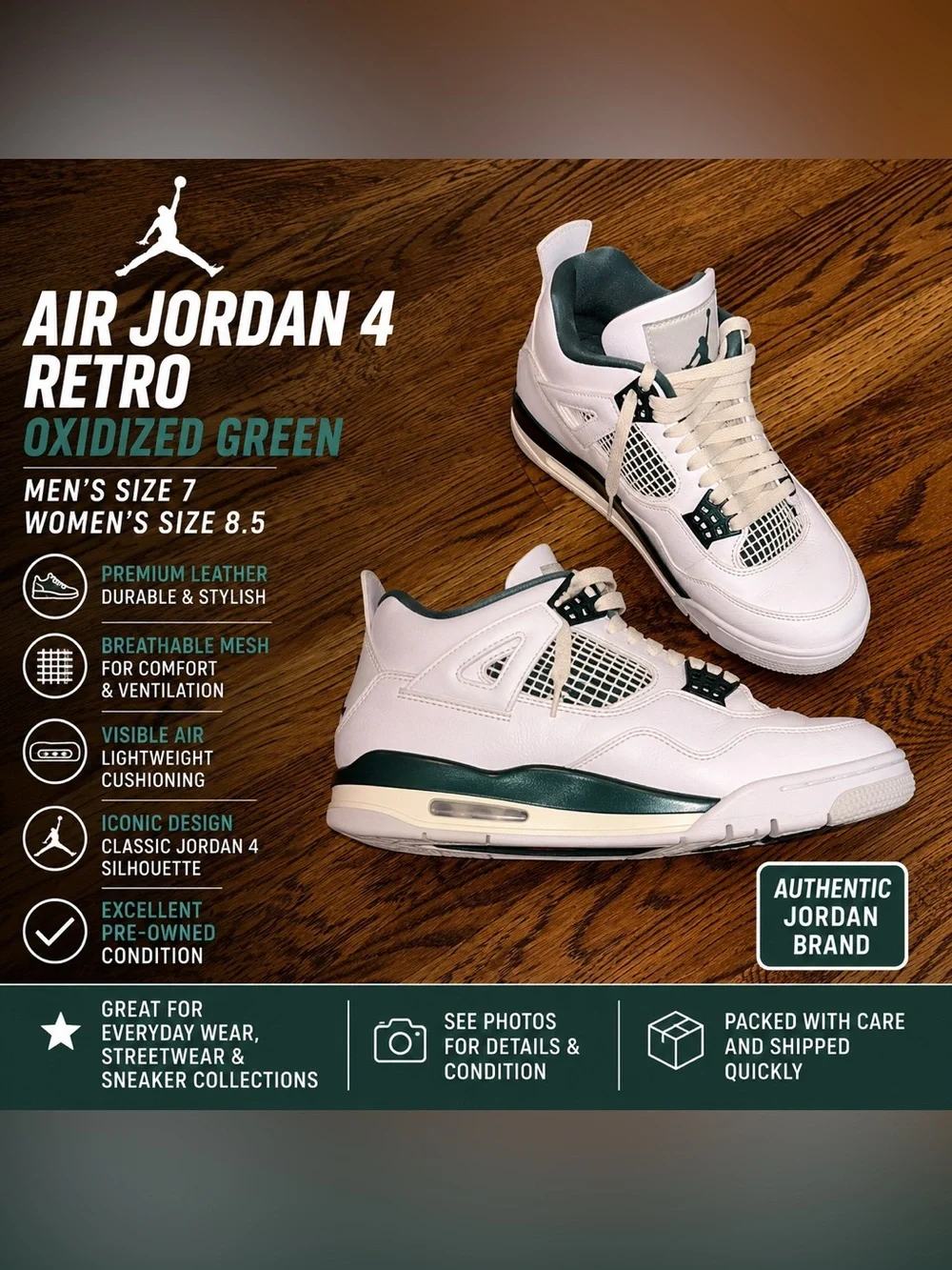Men's Jordan 4 Oxidized Green Retro Basketball Sneakers Men’s Size 7 Women’s 8.5